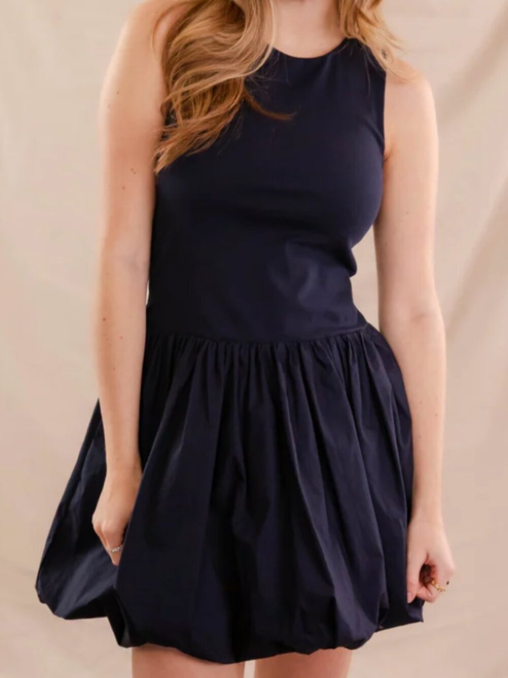 Mustard Seed Mini Balloon Dress Small Navy Blue Knit Contrast Poplin Fun Summer